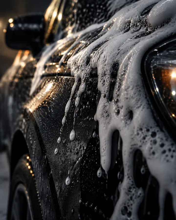 Thick wash foam running down black car paint