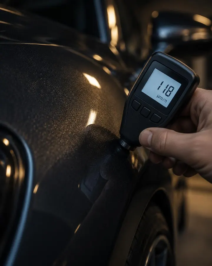 Paint thickness gauge held against a dark fender