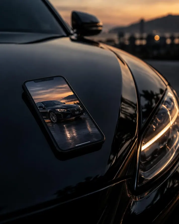 Phone on a car bonnet showing an after photo of the detail
